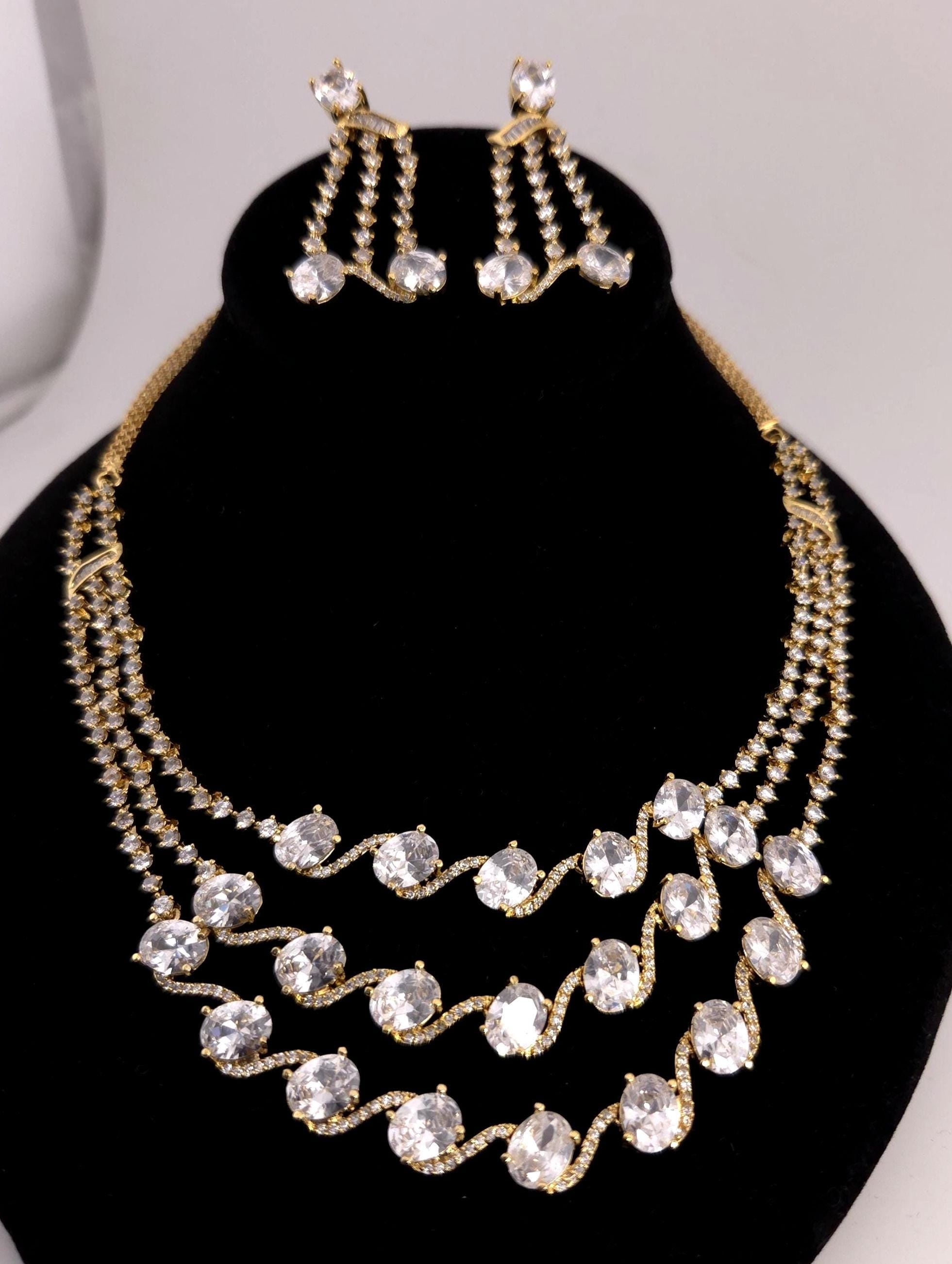 Indian Bridal Necklace Set with Earrings – Statement American Diamond Jewelry (Silver or Gold)