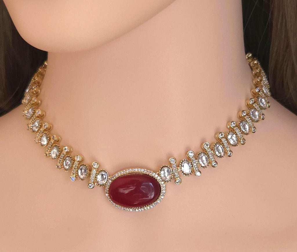 Ruby Red CZ Necklace Set | Gold Plated Statement Necklace & Stud Earrings | Wedding Jewelry