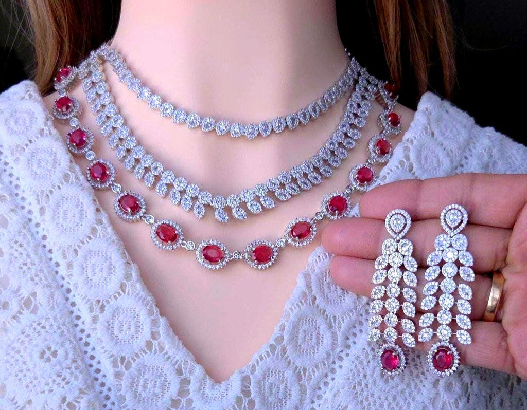 Ruby Red Bridal Necklace Set with American Diamonds – Silver Finish Wedding Jewelry