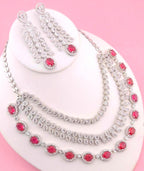 Ruby Red Bridal Necklace Set with American Diamonds – Silver Finish Wedding Jewelry