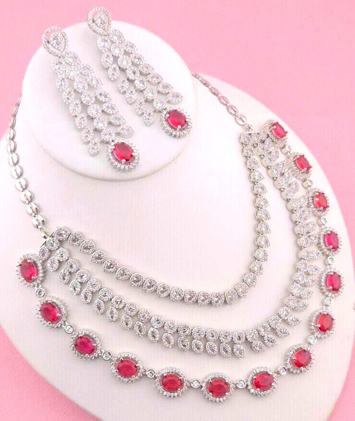 Ruby Red Bridal Necklace Set with American Diamonds – Silver Finish Wedding Jewelry
