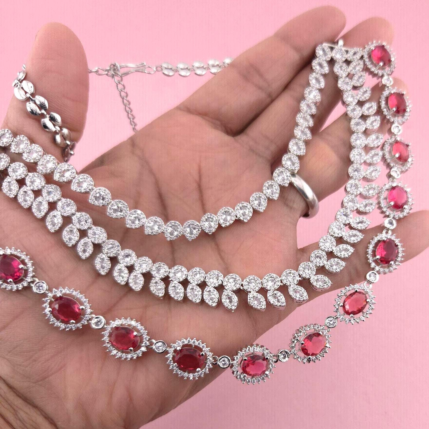 Ruby Red Bridal Necklace Set with American Diamonds – Silver Finish Wedding Jewelry