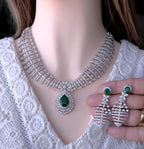 Green CZ Indian Bridal Necklace & Earrings Set – Silver Tone Statement Wedding Jewelry