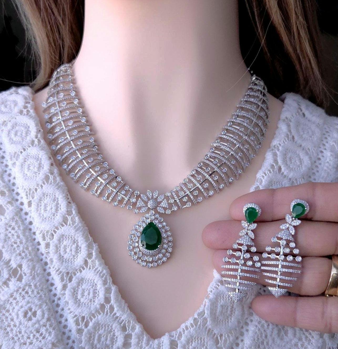 Green CZ Indian Bridal Necklace & Earrings Set – Silver Tone Statement Wedding Jewelry