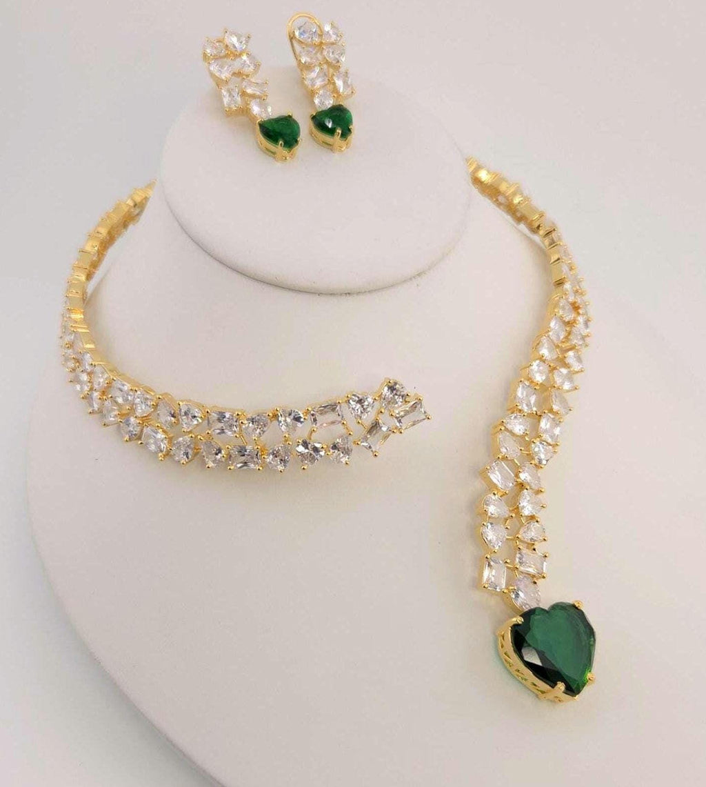 Emerald Heart Choker Necklace and Earring Set • Gold CZ Bridal Jewelry