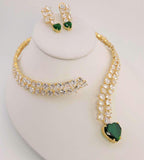 Emerald Heart Choker Necklace and Earring Set • Gold CZ Bridal Jewelry