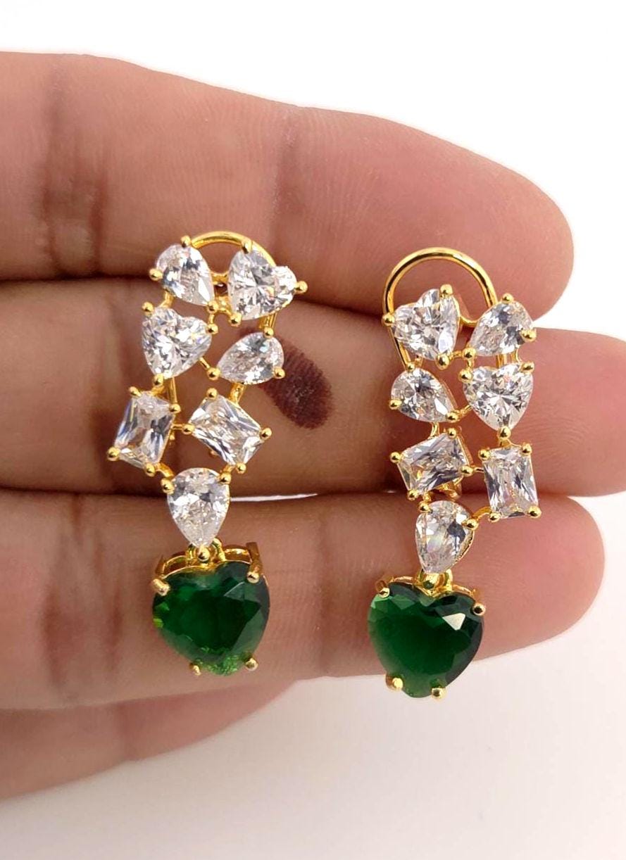 Emerald Heart Choker Necklace and Earring Set • Gold CZ Bridal Jewelry