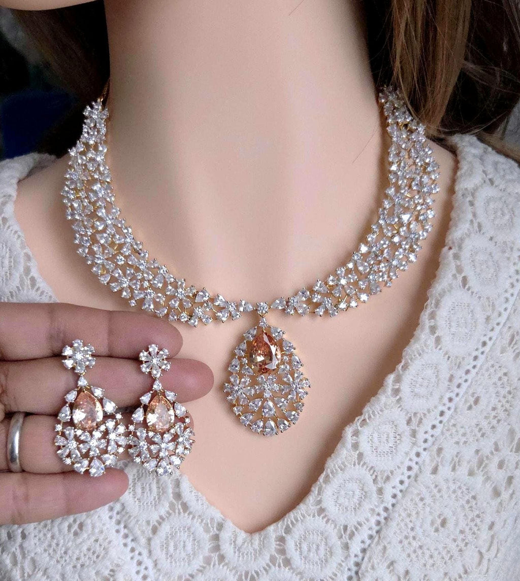 Royal Cluster CZ Teardrop Necklace Set Indian Bridal Jewelry Noor