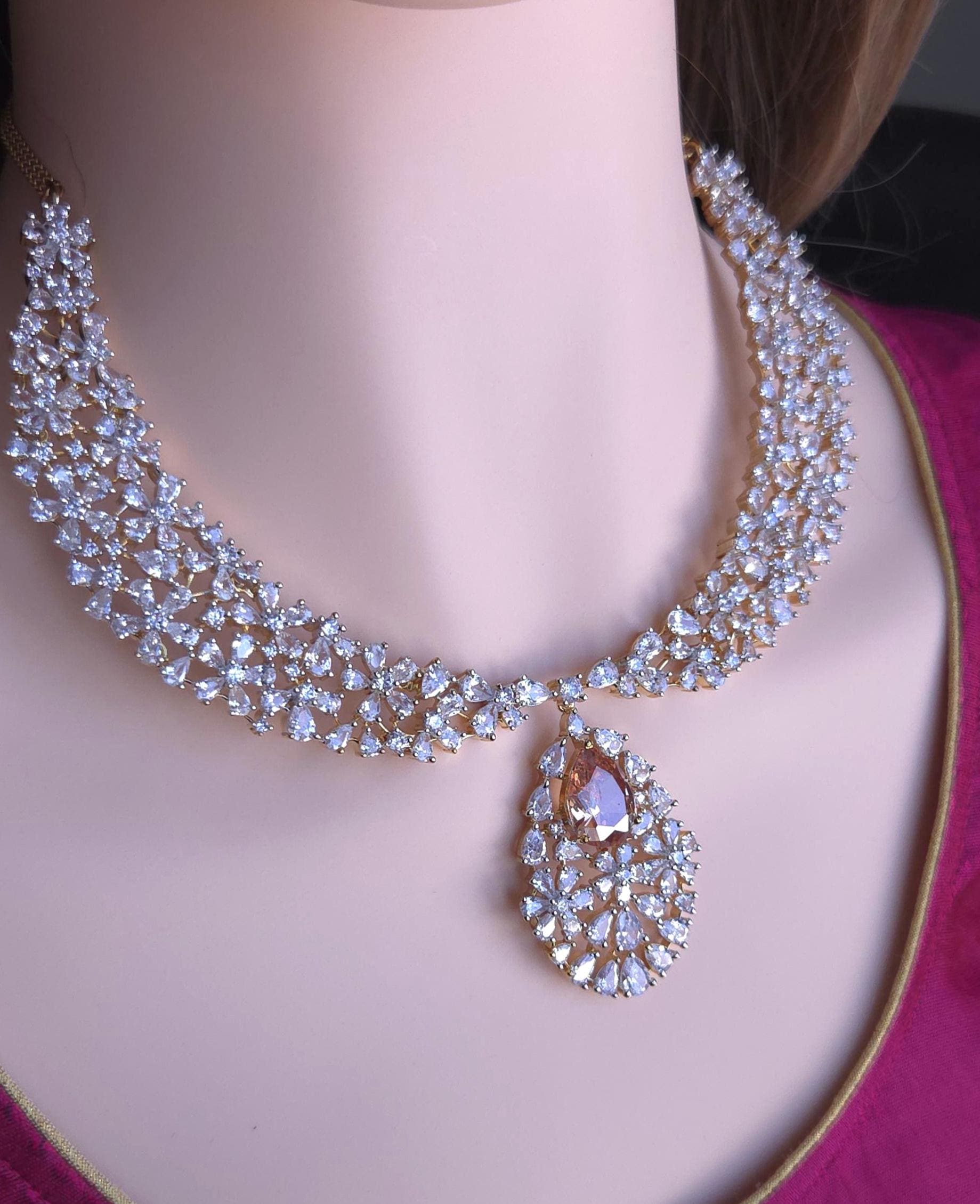 Royal Cluster CZ Teardrop Necklace Set Indian Bridal Jewelry Noor