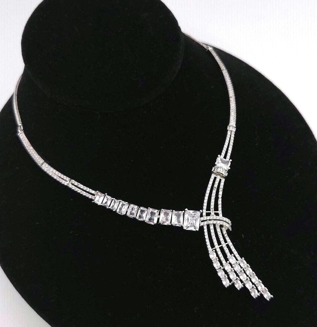 Statement CZ Y Necklace Set with Tassel Earrings | Silver Plated Bridal Jewelry