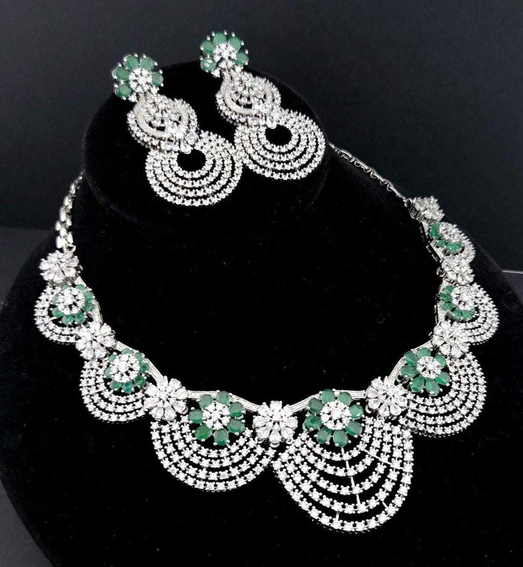 Emerald Green CZ Bridal Necklace Set | Silver Scalloped Statement Jewelry with Earrings