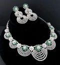 Emerald Green CZ Bridal Necklace Set | Silver Scalloped Statement Jewelry with Earrings