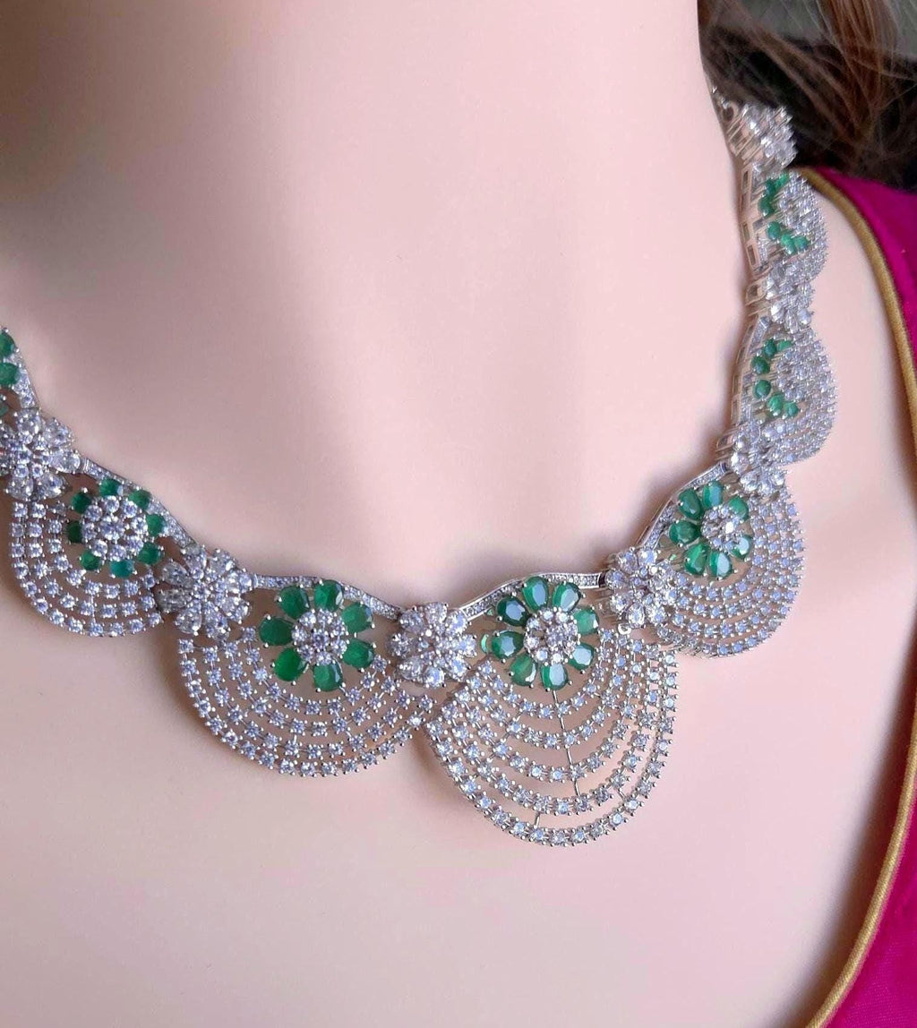 Emerald Green CZ Bridal Necklace Set | Silver Scalloped Statement Jewelry with Earrings