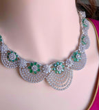 Emerald Green CZ Bridal Necklace Set | Silver Scalloped Statement Jewelry with Earrings