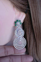 Emerald Green CZ Bridal Necklace Set | Silver Scalloped Statement Jewelry with Earrings