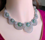 Emerald Green CZ Bridal Necklace Set | Silver Scalloped Statement Jewelry with Earrings