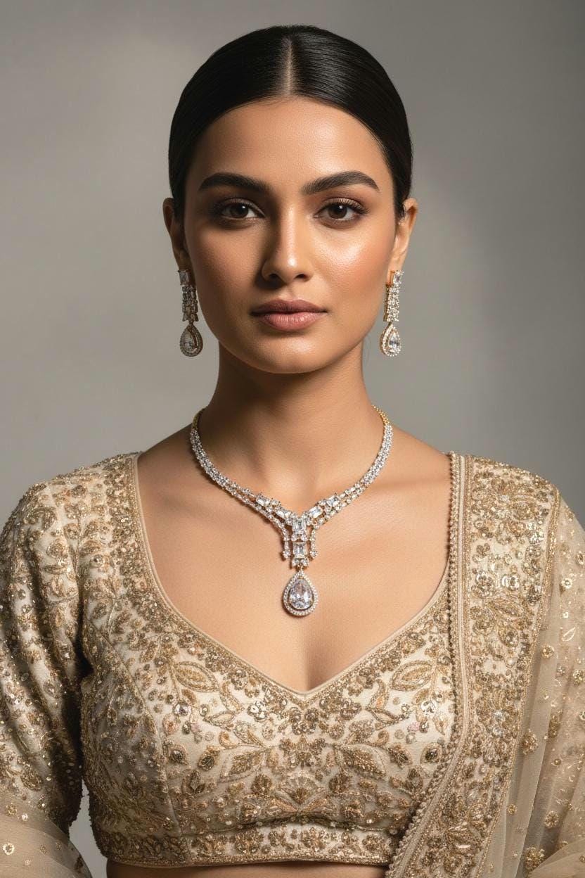 Statement Layered CZ Bridal Necklace & Earrings Set – Indian Pakistani Wedding Jewelry