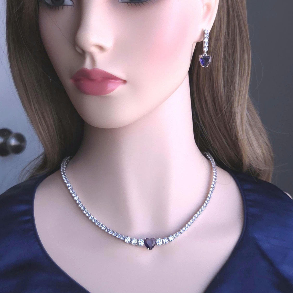 Blue Sapphire Heart Necklace Earrings Set | Silver Plated CZ Pendant Jewelry