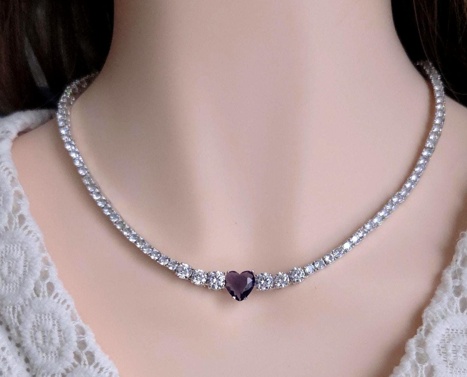Blue Sapphire Heart Necklace Earrings Set | Silver Plated CZ Pendant Jewelry