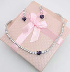 Blue Sapphire Heart Necklace Earrings Set | Silver Plated CZ Pendant Jewelry
