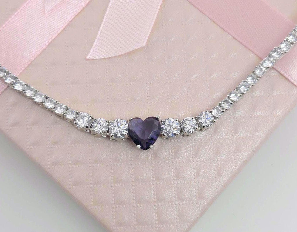 Blue Sapphire Heart Necklace Earrings Set | Silver Plated CZ Pendant Jewelry