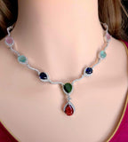 Silver Plated CZ Teardrop Necklace & Earrings Set – Bridal Wedding Jewelry, Multicolor, Green or Blue