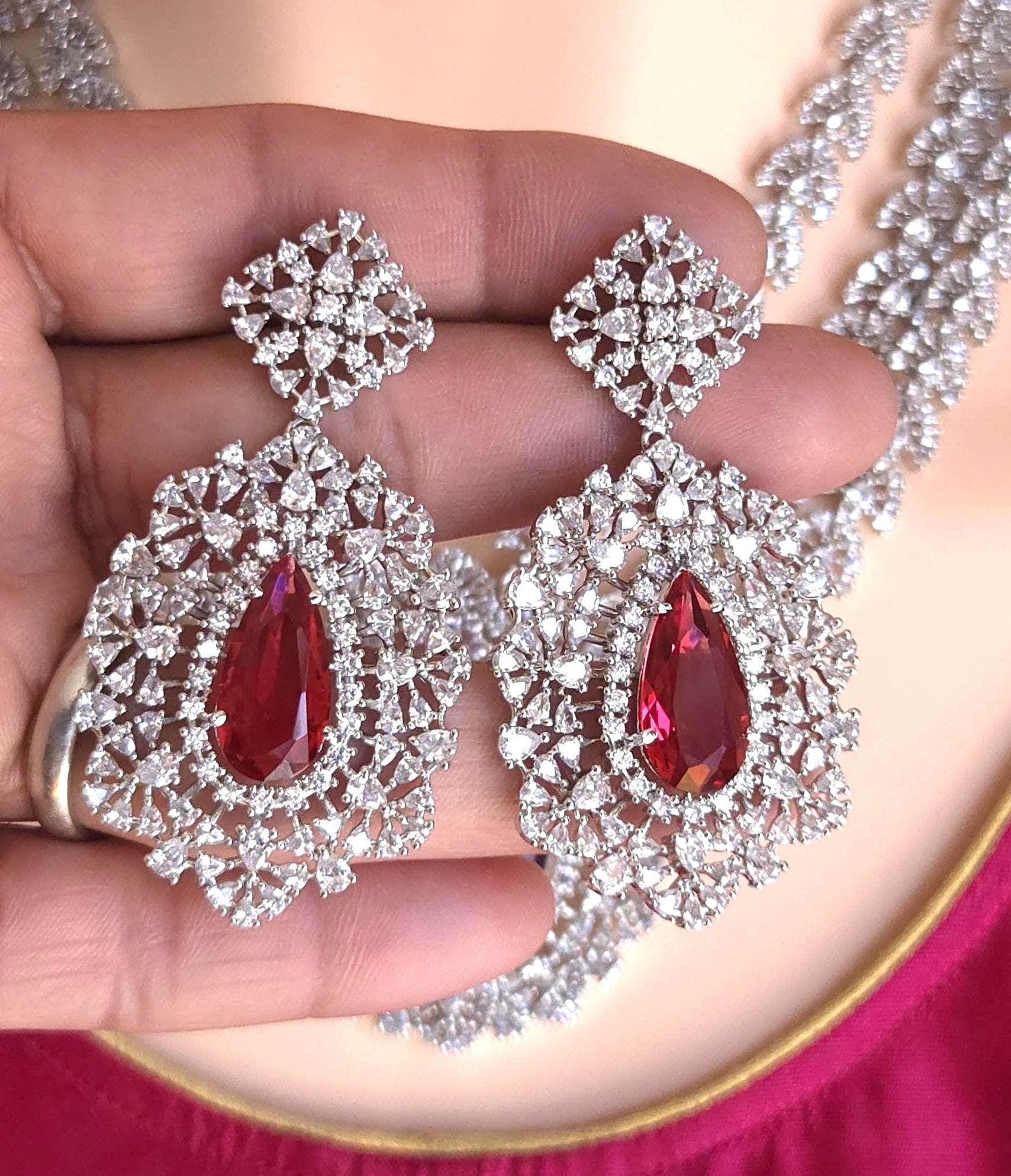 Ruby Red Layered CZ Necklace Set | Silver Plated Bridal Statement Jewelry