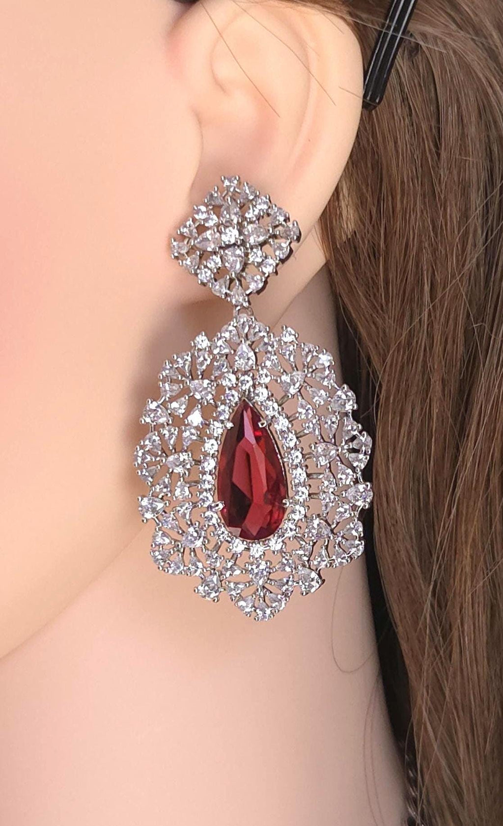 Ruby Red Layered CZ Necklace Set | Silver Plated Bridal Statement Jewelry