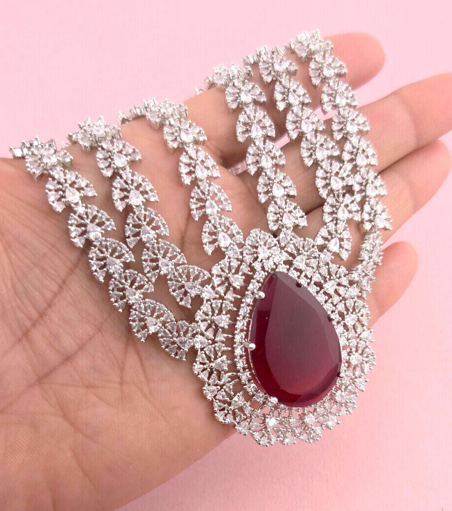 Ruby Red Layered CZ Necklace Set | Silver Plated Bridal Statement Jewelry