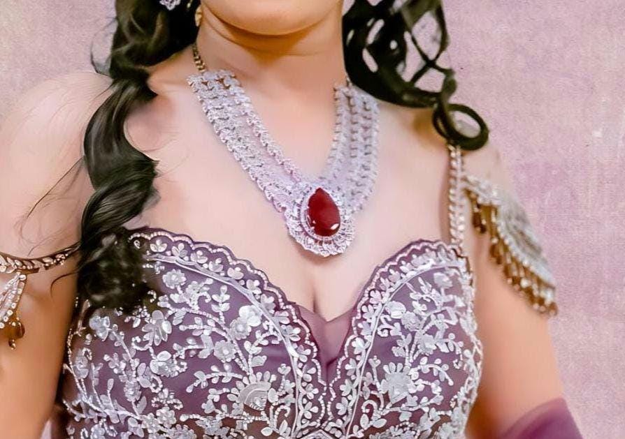 Ruby Red Layered CZ Necklace Set | Silver Plated Bridal Statement Jewelry