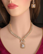 Gold Plated CZ V-Neckline & Square Drop Necklace Set – Indian Bridal Wedding Jewelry