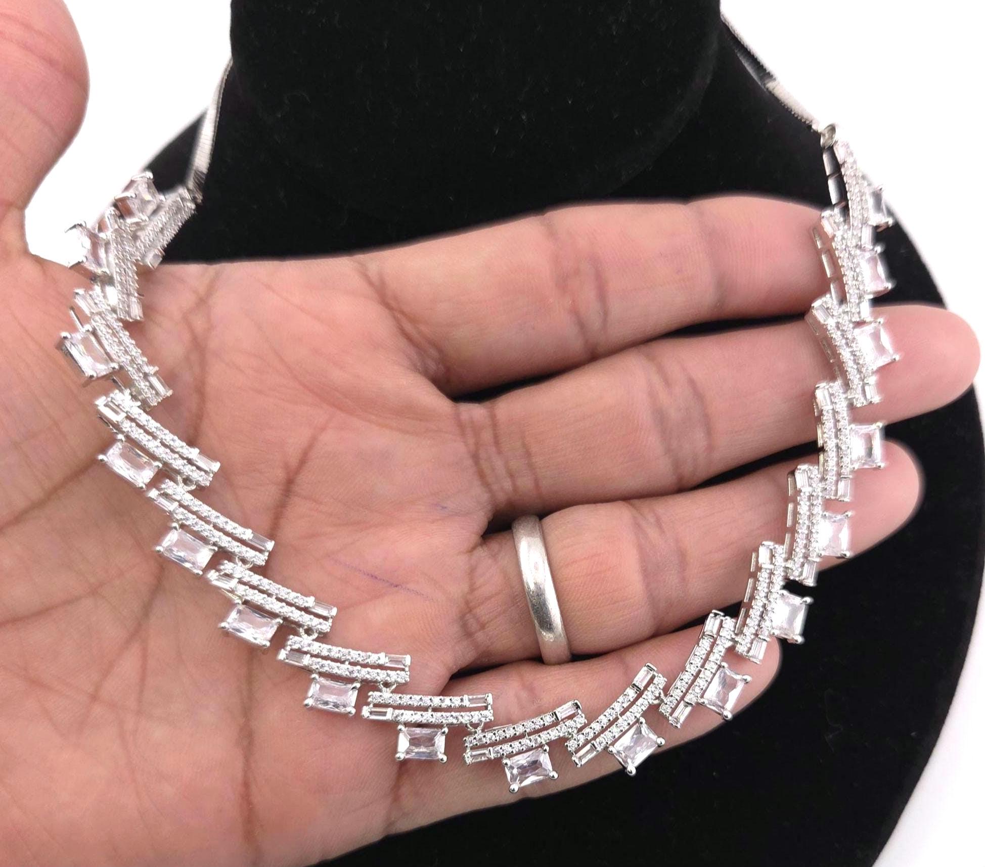 Silver Baguette Cubic Zirconia Necklace Earrings Set, Statement Bridal Jewelry