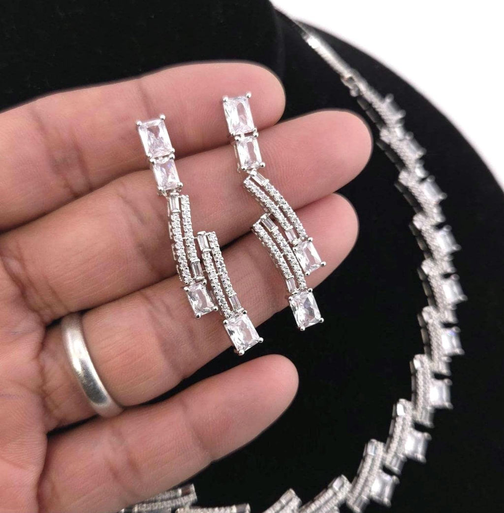 Silver Baguette Cubic Zirconia Necklace Earrings Set, Statement Bridal Jewelry