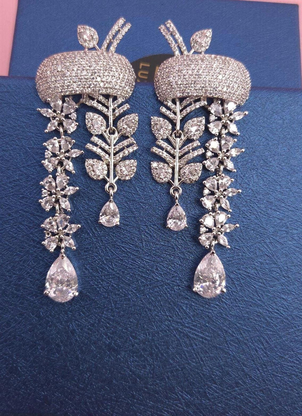 Indian Bridal Necklace Set | Silver Finish American Diamond Leaf Design with Earrings