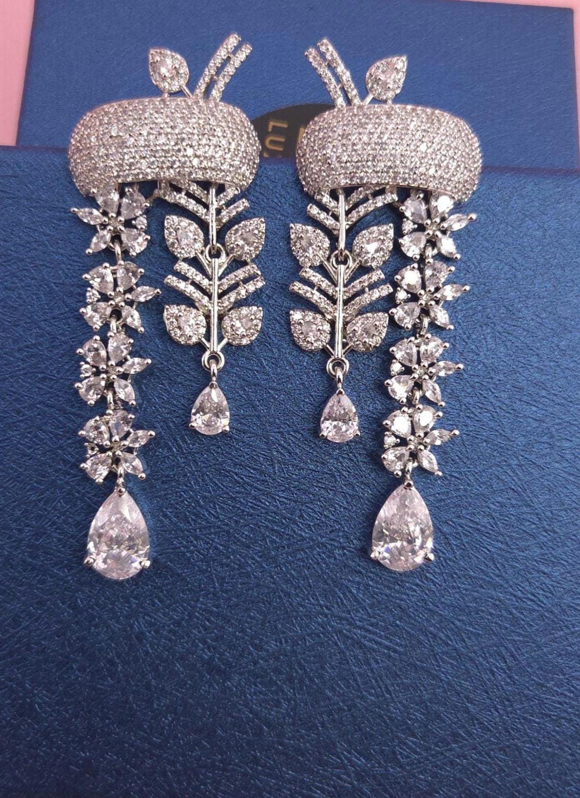 Indian Bridal Necklace Set | Silver Finish American Diamond Leaf Design with Earrings