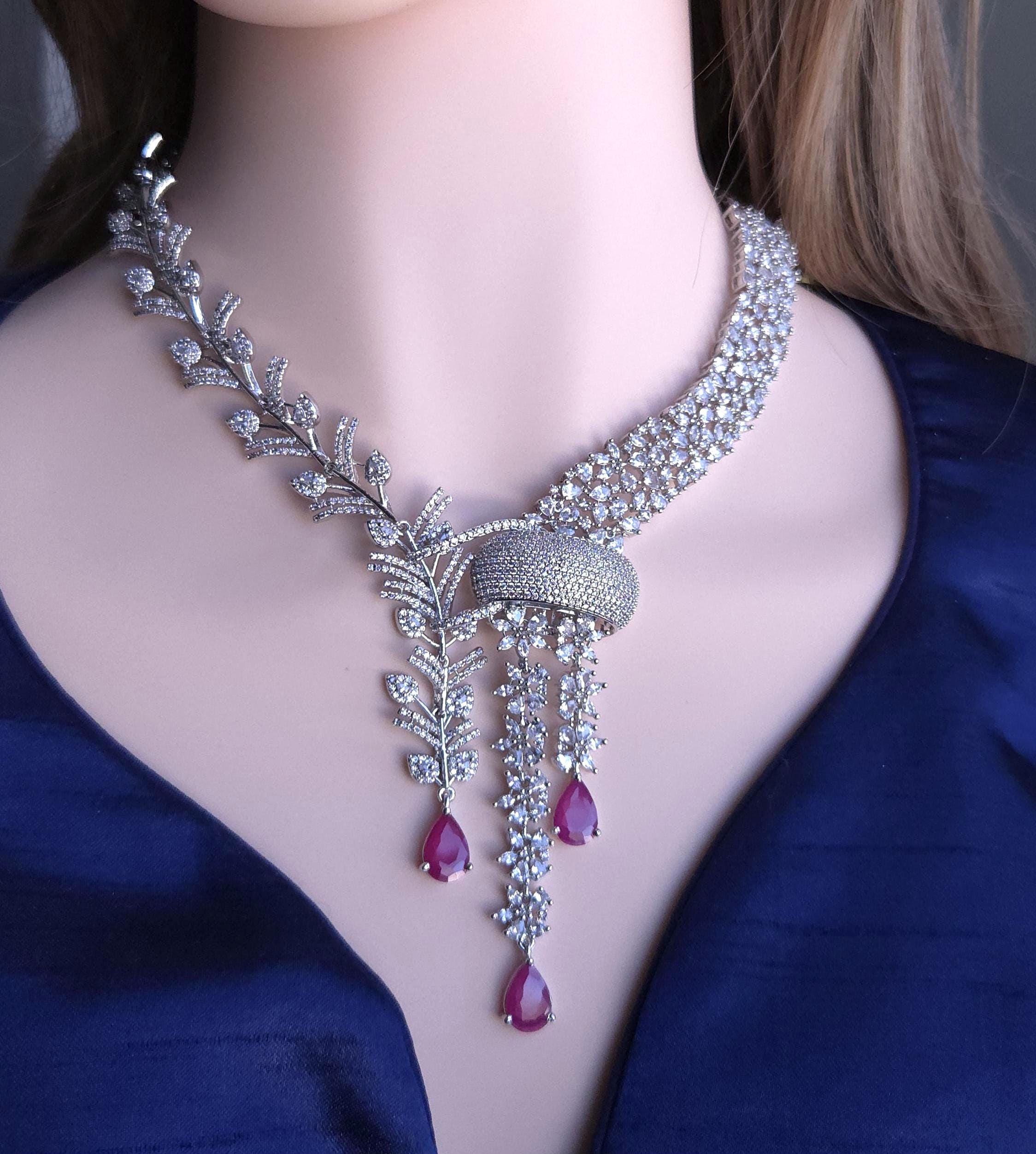 Indian Bridal Necklace Set | Silver Finish American Diamond Leaf Design with Earrings