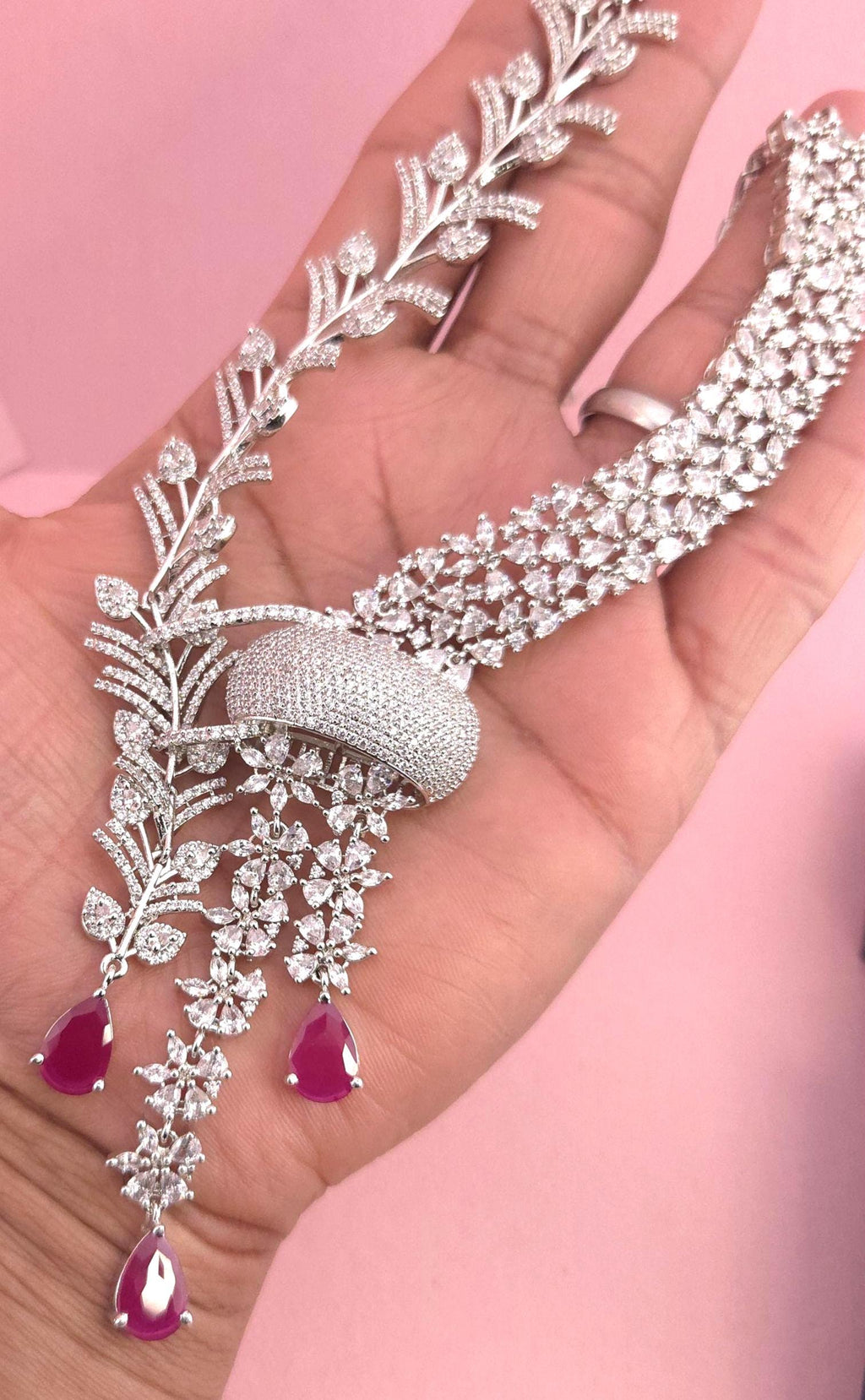 Indian Bridal Necklace Set | Silver Finish American Diamond Leaf Design with Earrings