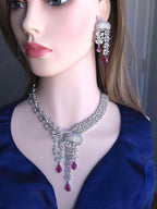 Indian Bridal Necklace Set | Silver Finish American Diamond Leaf Design with Earrings