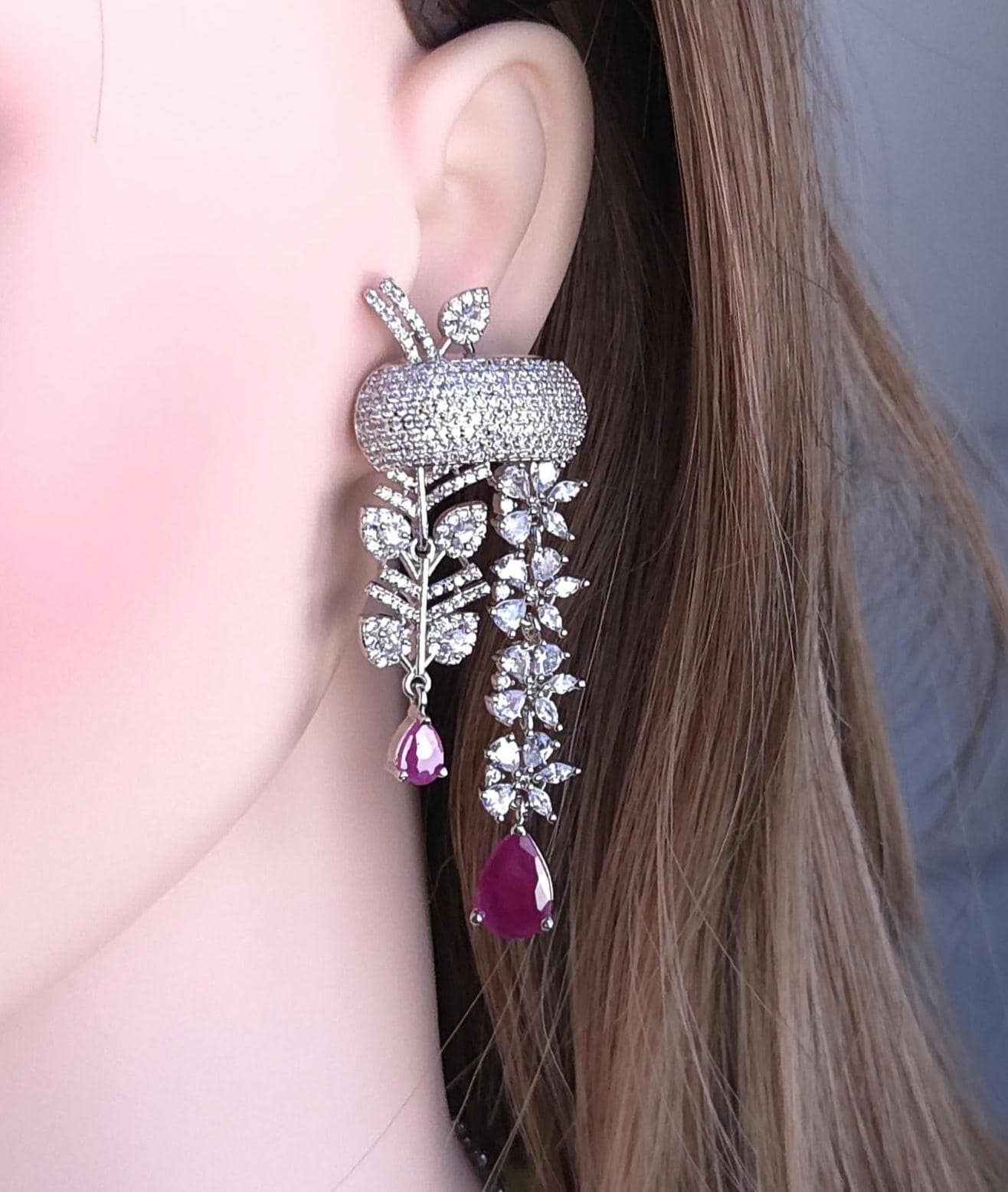 Indian Bridal Necklace Set | Silver Finish American Diamond Leaf Design with Earrings