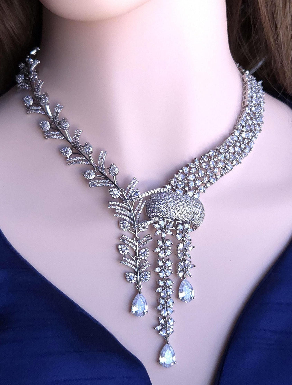 Indian Bridal Necklace Set | Silver Finish American Diamond Leaf Design with Earrings
