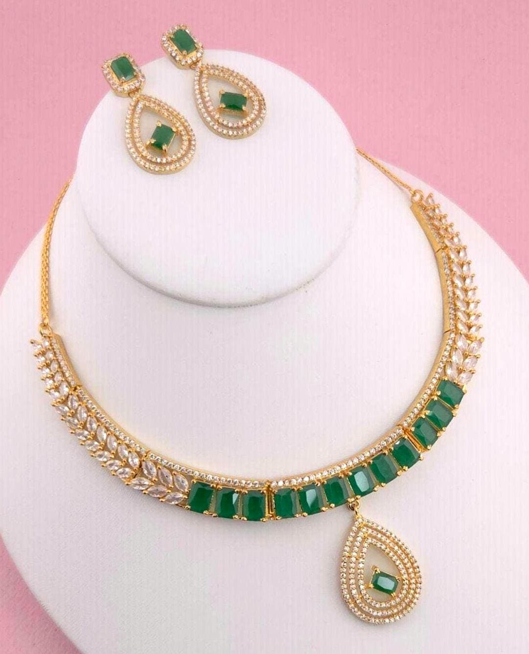 Emerald Green CZ Choker Necklace Set, Gold Plated Bridal Statement Jewelry