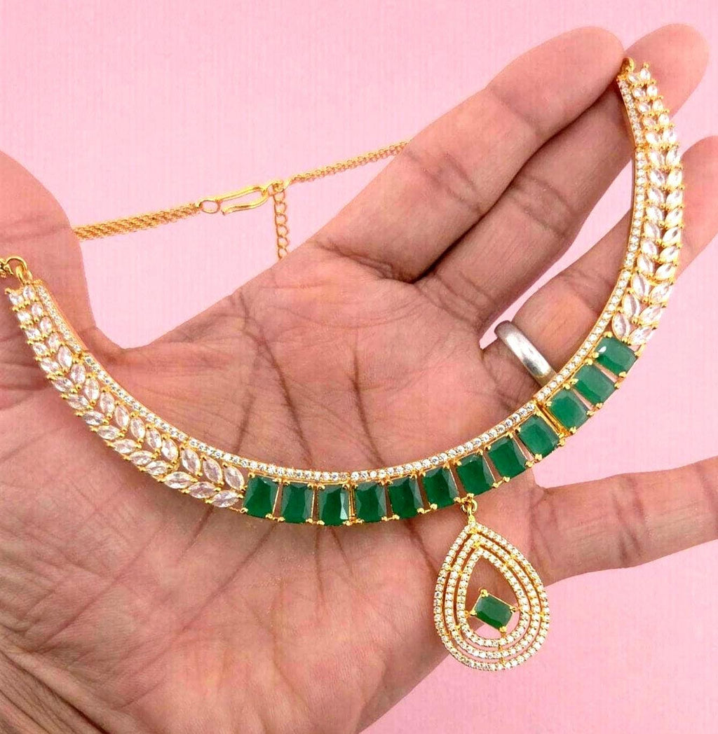Emerald Green CZ Choker Necklace Set, Gold Plated Bridal Statement Jewelry