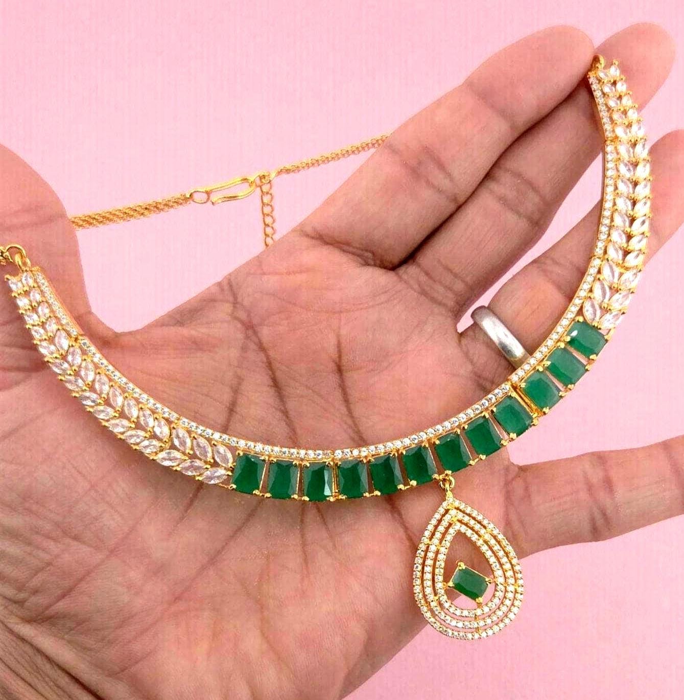 Emerald Green CZ Choker Necklace Set, Gold Plated Bridal Statement Jewelry