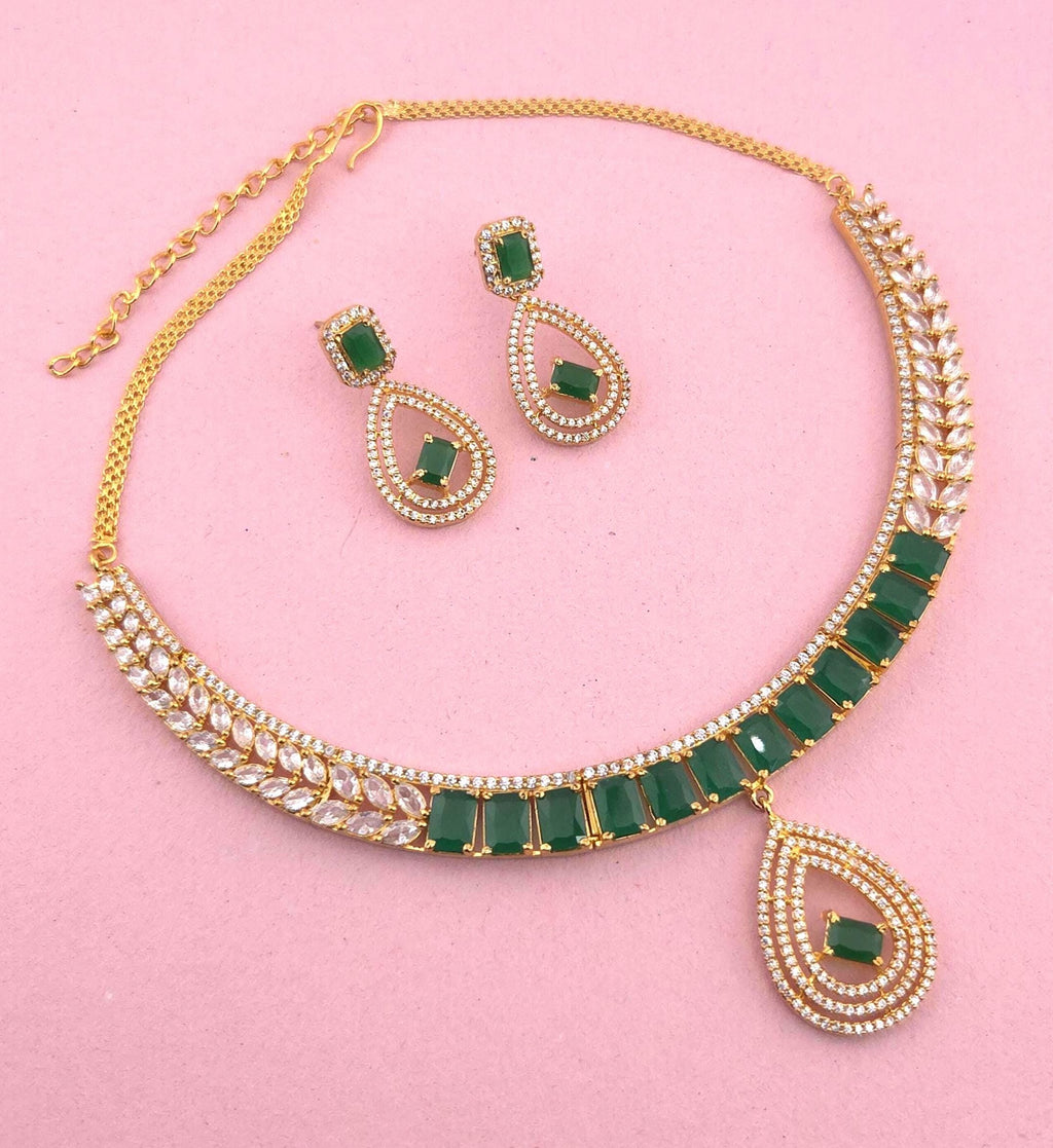 Emerald Green CZ Choker Necklace Set, Gold Plated Bridal Statement Jewelry