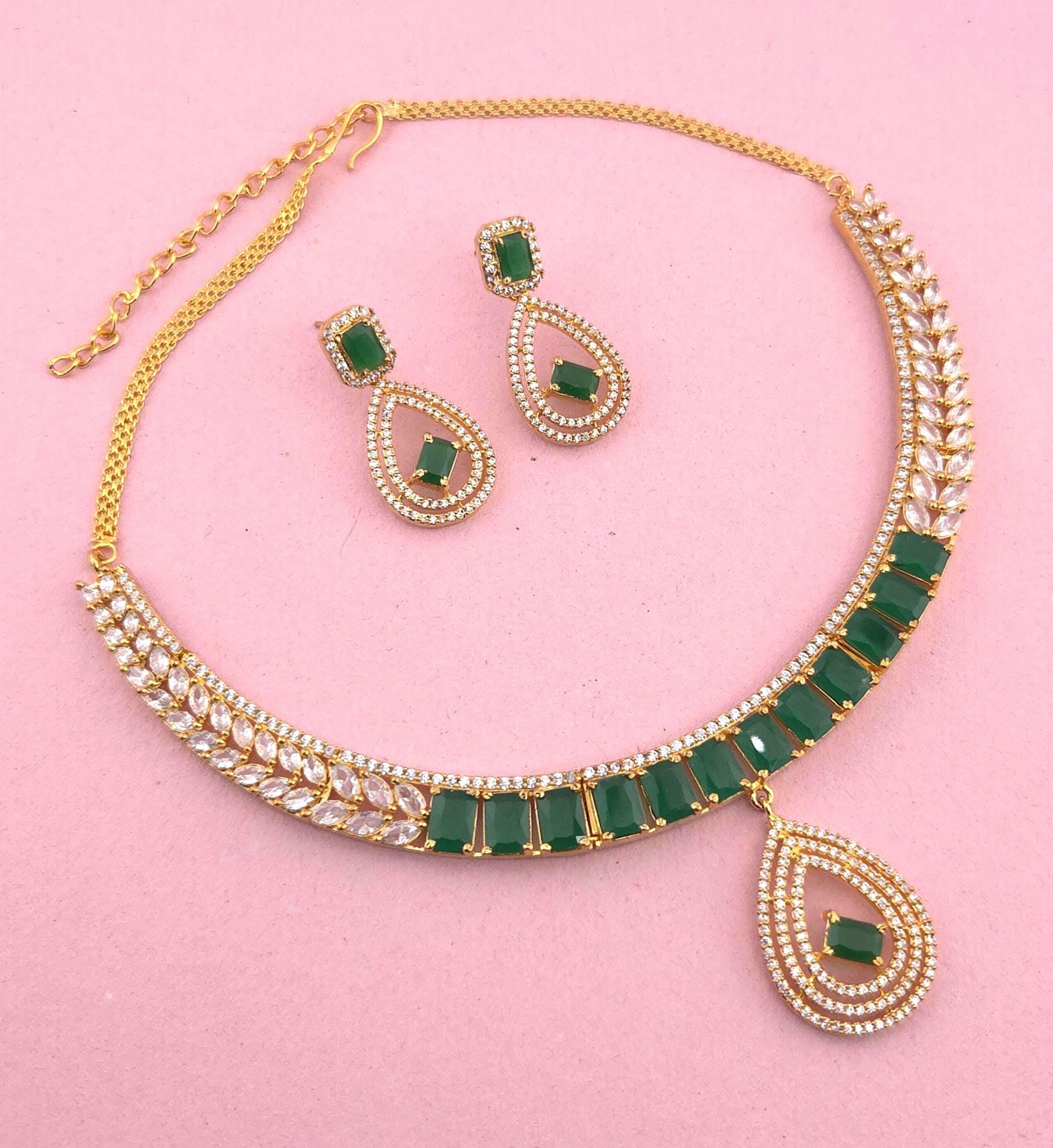 Emerald Green CZ Choker Necklace Set, Gold Plated Bridal Statement Jewelry
