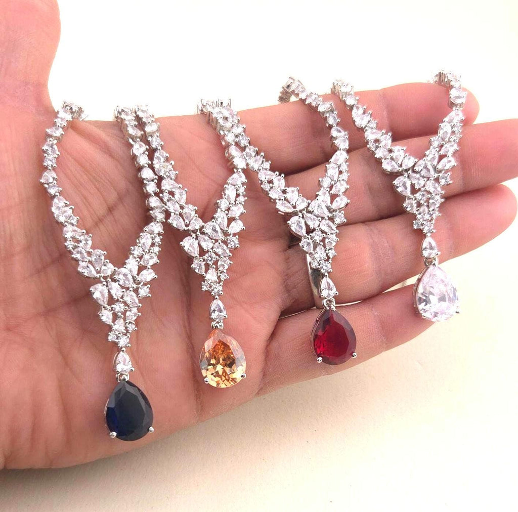 Teardrop Cubic Zirconia Y Necklace Set, Bridal Wedding Jewelry with Matching Earrings