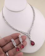Teardrop Cubic Zirconia Y Necklace Set, Bridal Wedding Jewelry with Matching Earrings