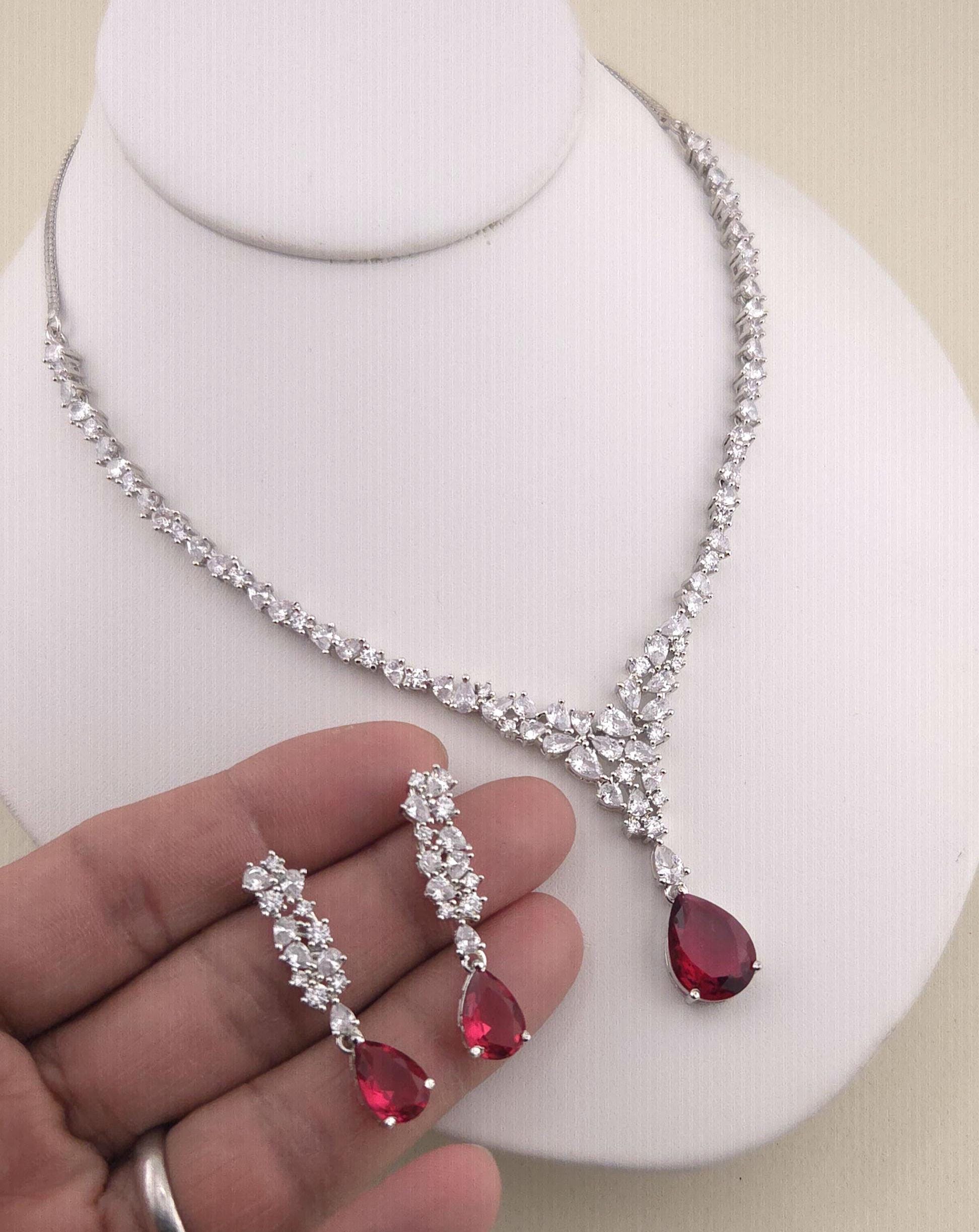 Teardrop Cubic Zirconia Y Necklace Set, Bridal Wedding Jewelry with Matching Earrings