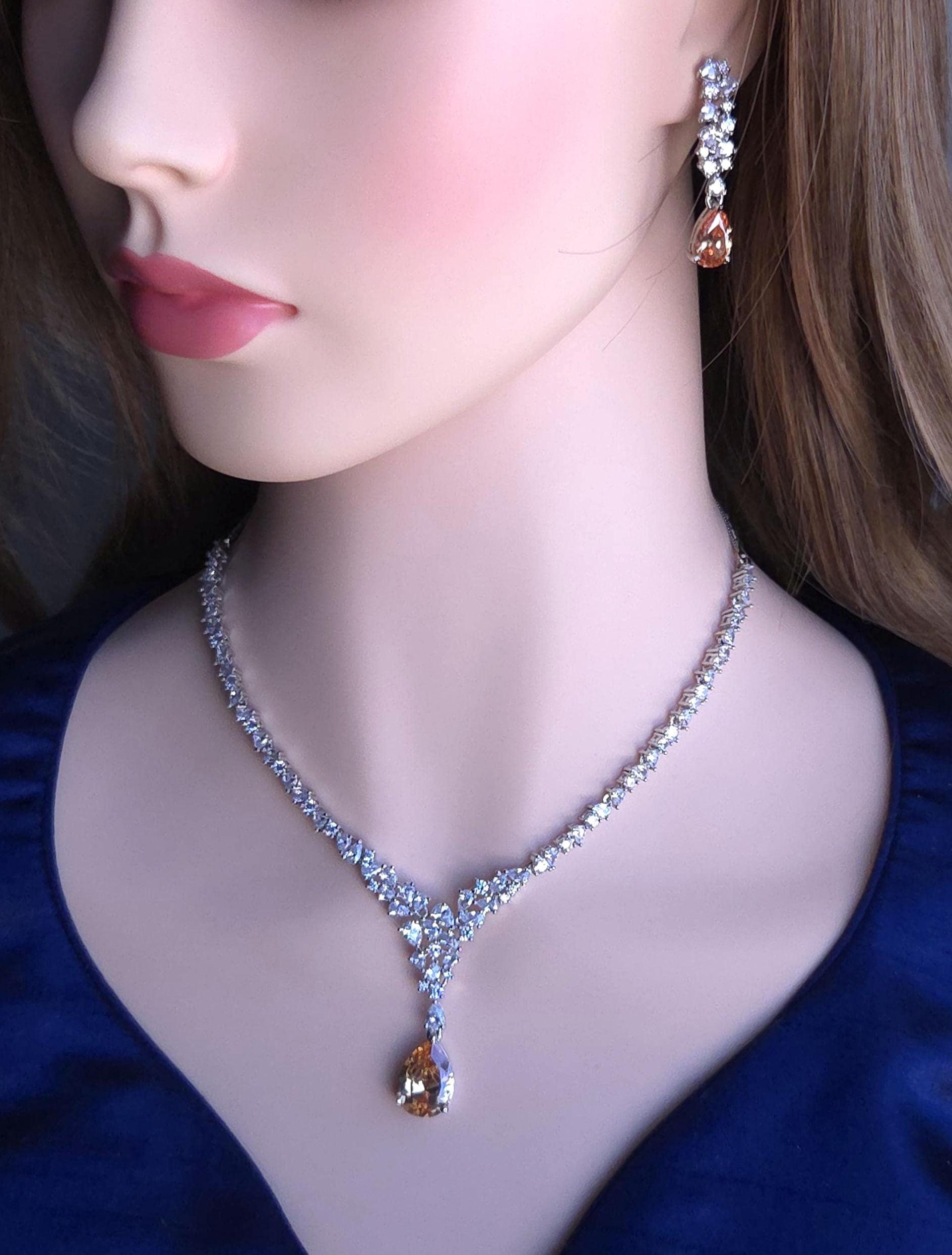 Teardrop Cubic Zirconia Y Necklace Set, Bridal Wedding Jewelry with Matching Earrings