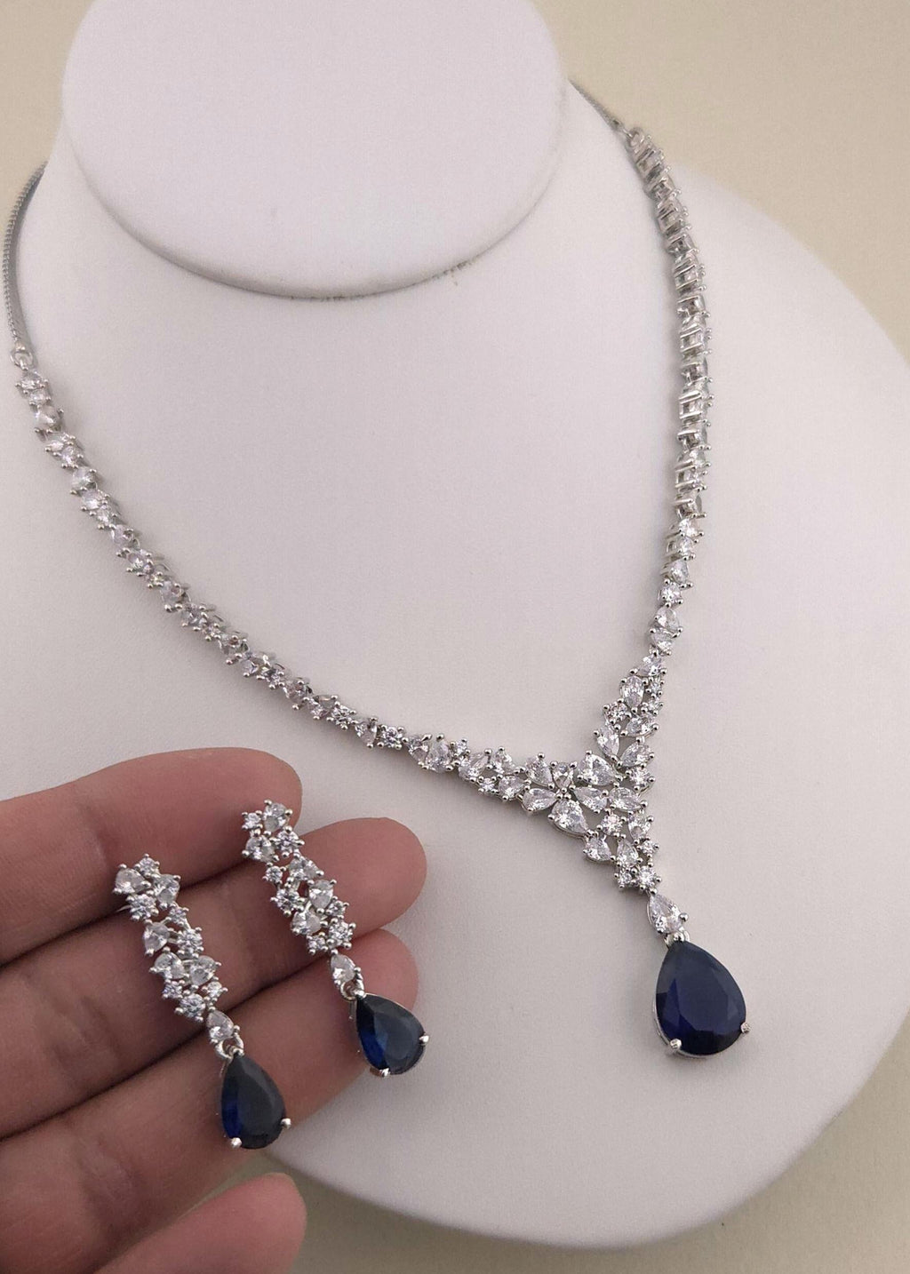 Teardrop Cubic Zirconia Y Necklace Set, Bridal Wedding Jewelry with Matching Earrings